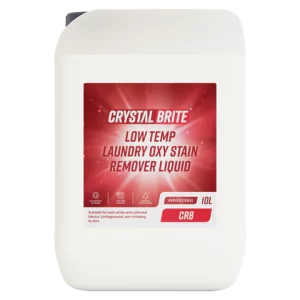 Get rid of stubborn stains with the Crystalbrite Low Temp Oxy Stain Remover Liquid. With its ability to remove stains at low temperatures and kill 99.999% of germs, it is the perfect laundry solution.