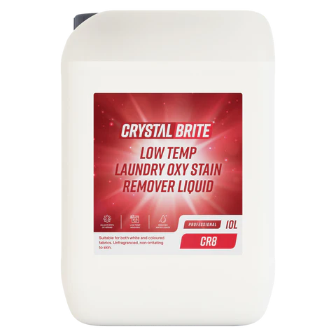 Get rid of stubborn stains with the Crystalbrite Low Temp Oxy Stain Remover Liquid. With its ability to remove stains at low temperatures and kill 99.999% of germs, it is the perfect laundry solution.
